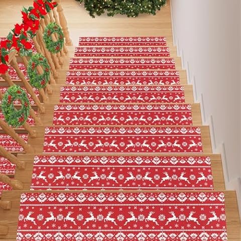 Homcomoda Christmas Stair Treads for Wooden Steps Indoor 15 Pack,8"x30" Non-Slip Stair Carpet Treads Rubber Stair Runner Stair Rugs Safety Mats for Dogs,Kids&Elder,Stairway Grip Step Treads Carpet Cover