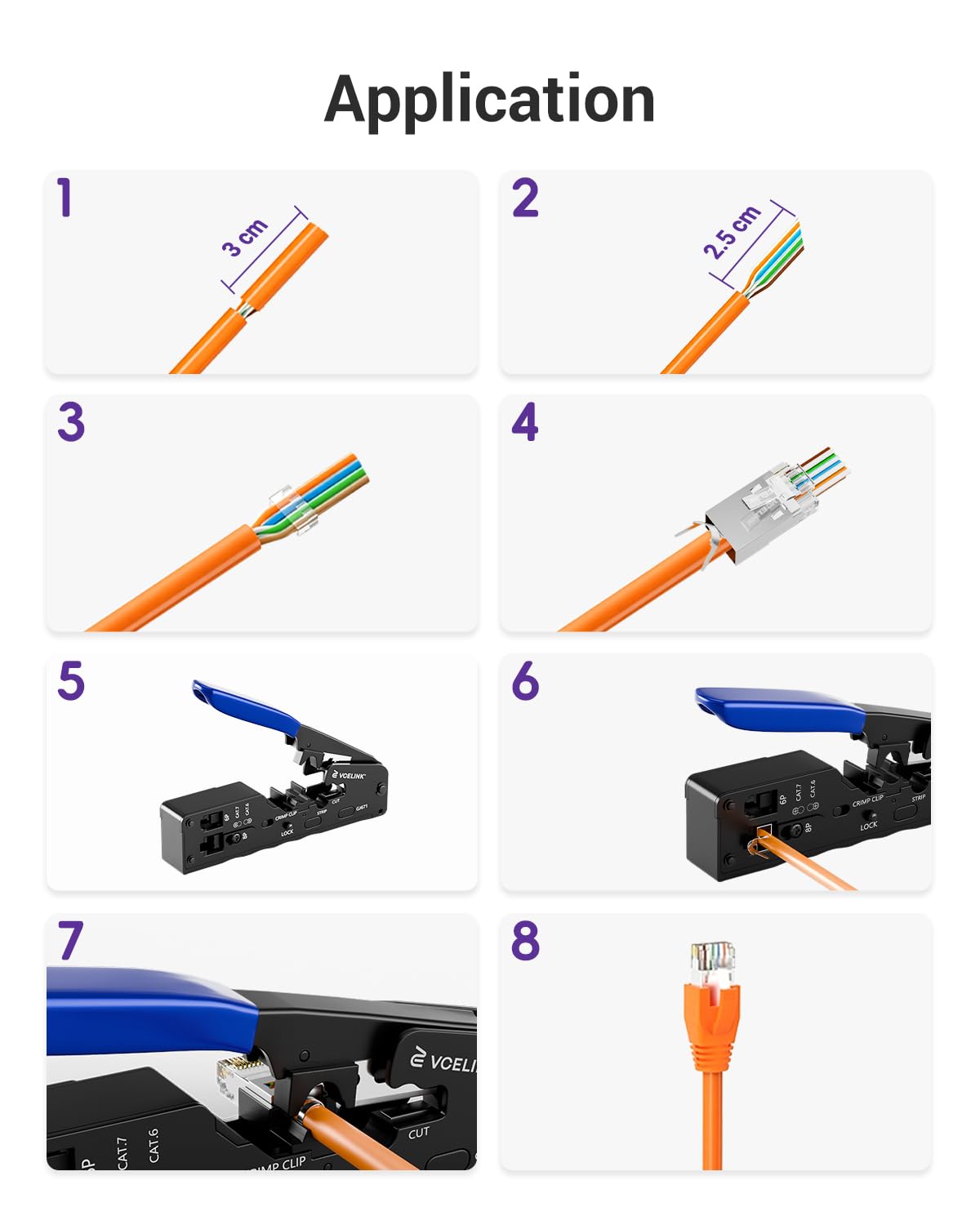 VCELINK GJ671BL Pince à Sertir RJ45 Outil Sertissage RJ45 avec Connecteur RJ45 Cat7 Cat6A Blindé avec Guide du Fil Fiche Réseau Pass Through RJ45 Bleu