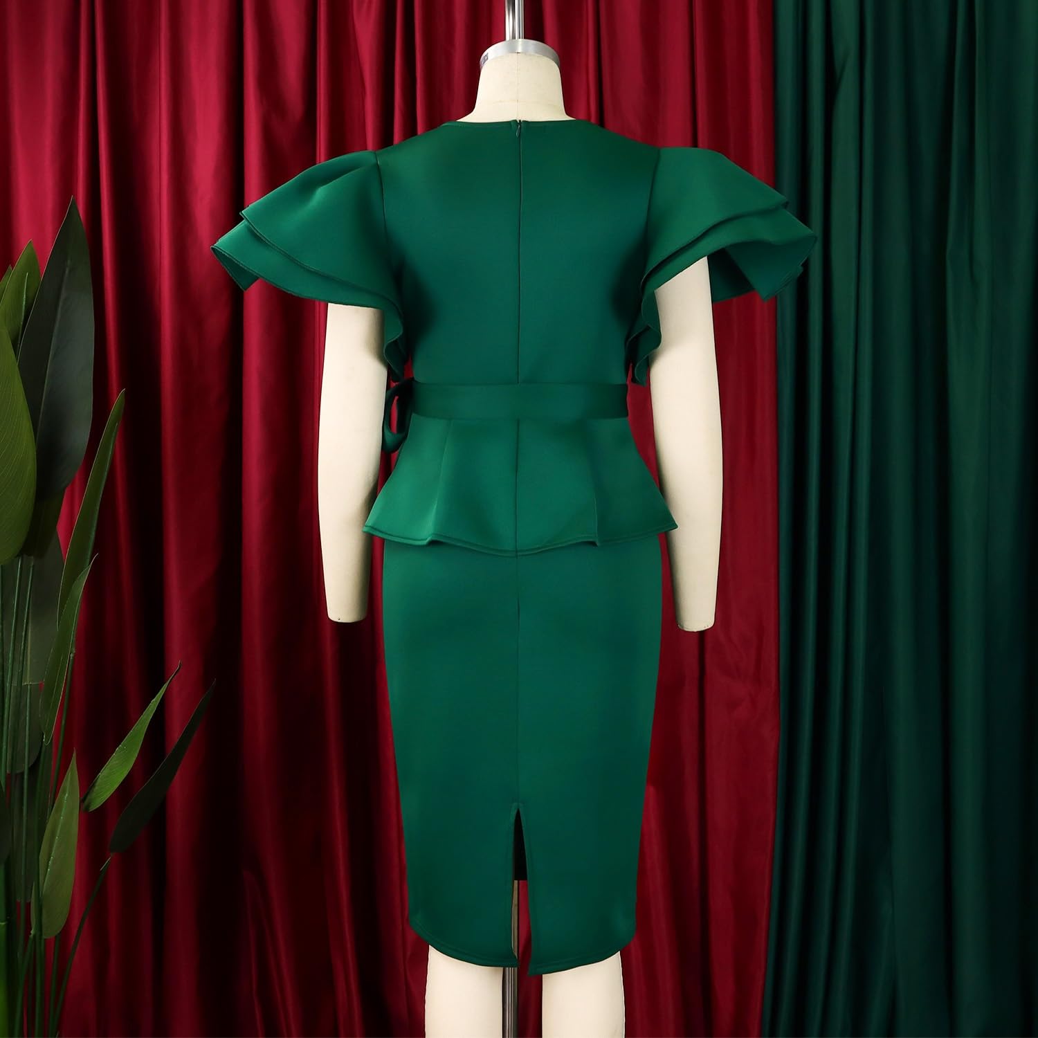 Abito A Tubino Elegante Da Donna, Formale, Tinta Unita, Per Feste E Cocktail Abito Midi Aderente Sexy Con Scollo A V, Volant, Maniche Corte E Cintura