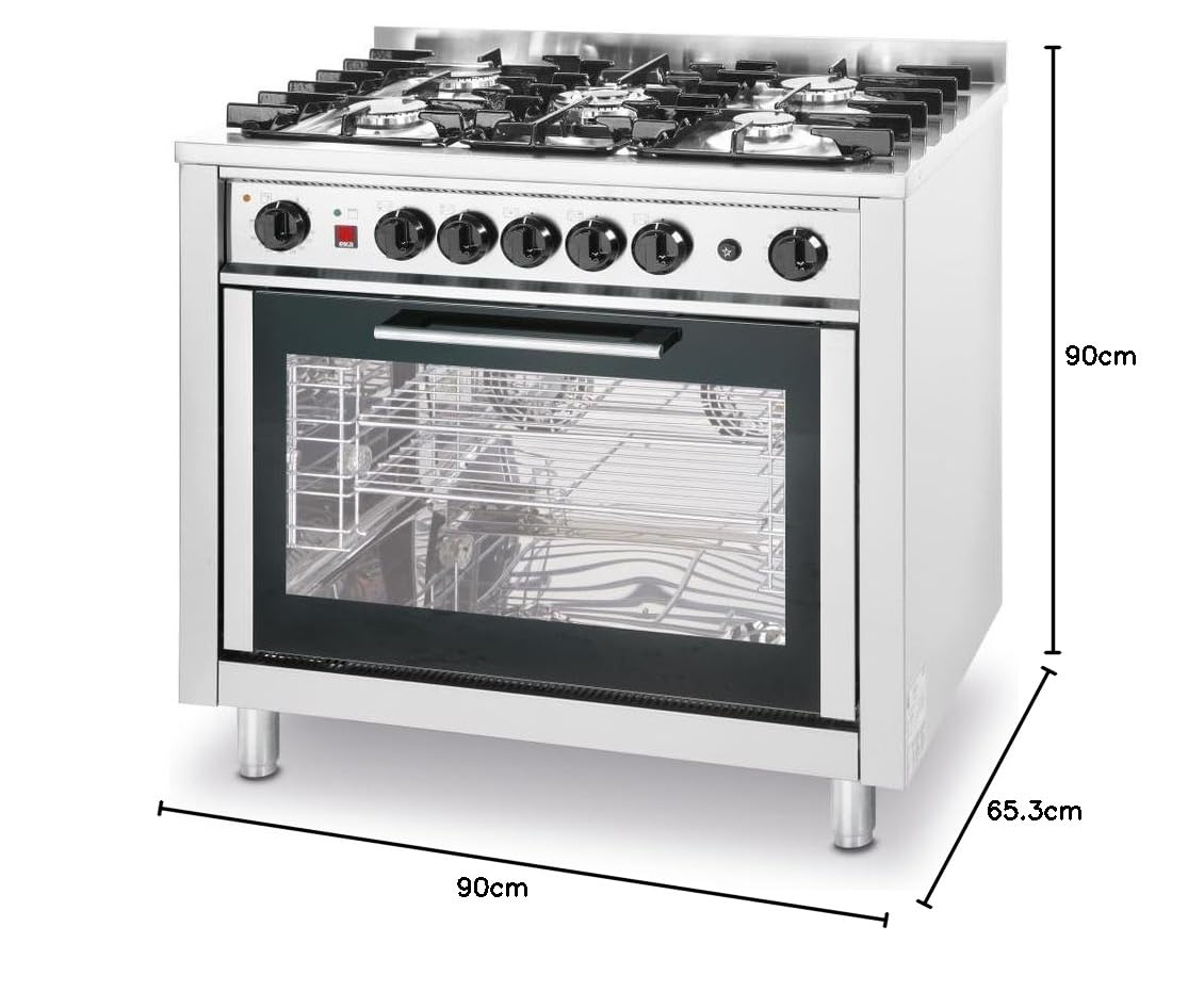 HENDI Professional Gas Stove with 5 Burners (14.3 kW) and Electric Convection Oven + Grill, Piezoelectric Ignition, for Natural Gas, 230V/2900W, 900x653x(H)900mm, Stainless Steel