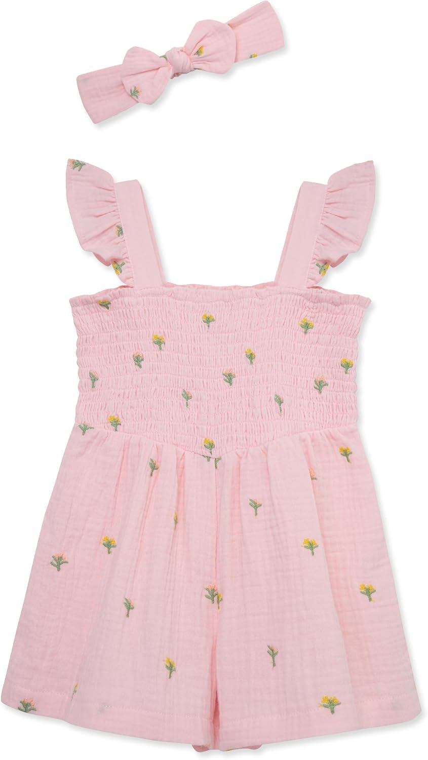 Little Me Clothes for Baby Girls' 100% Cotton Woven Romper and Headband Set, 12 Months to 4 Toddler