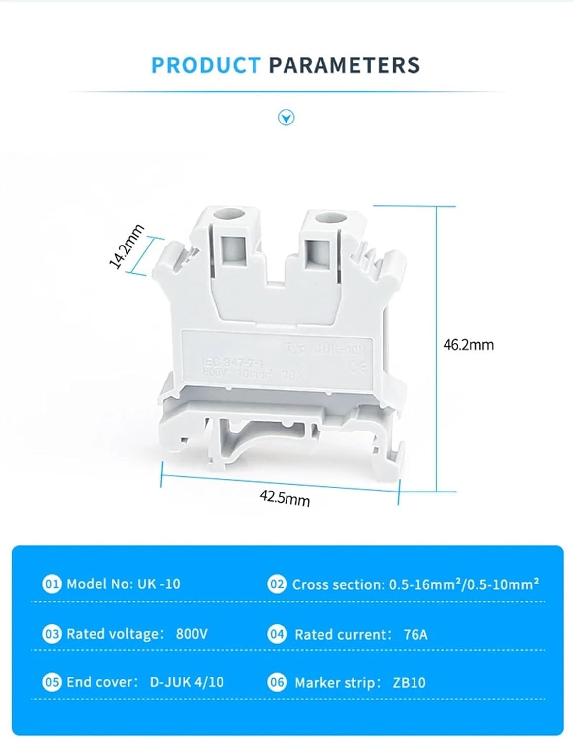 Din Rail Terminal Blocks UK-10N Universal Wiring Class Connector Screw Conductor UK10N Screw Connection Wire Conductor 10pcs