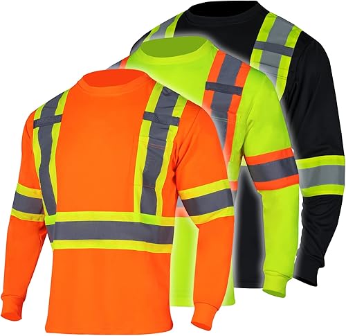 FONIRRA Paquete de 3 camisetas de seguridad de manga larga reflectantes de alta visibilidad, camisa de trabajo de construcción ANSI clase 2 para