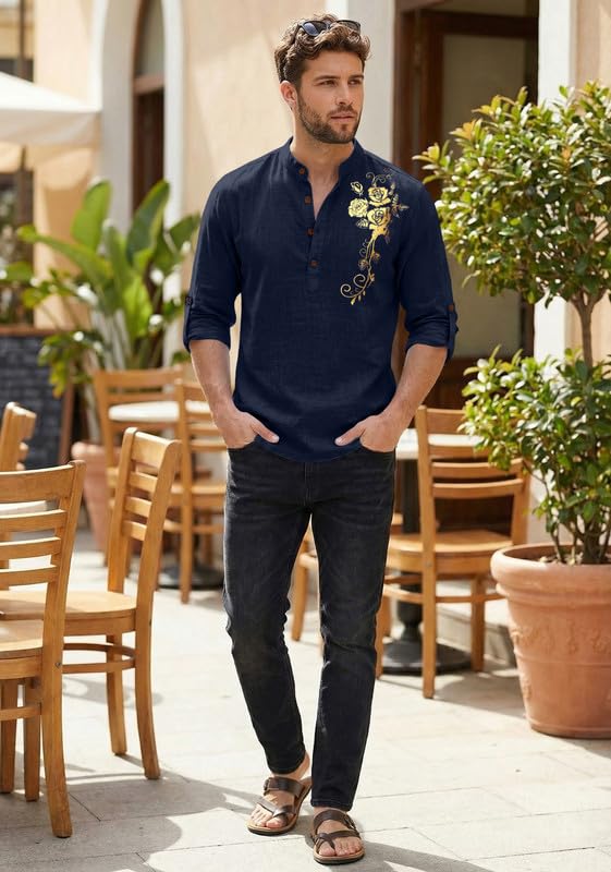 Image of Zombom Men's Cotton Polyester Blend Mandarin Collar Self One Design Printed Full Sleeve Regular Fit Casual Short Kurta