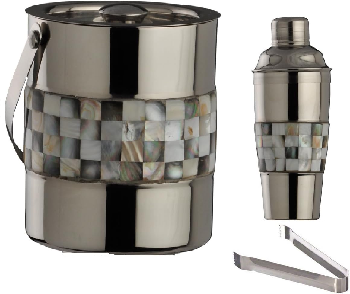 Stainless Steel Double Walled Ice Bucket Cocktail Shaker and Tong Mother of Pearl (MOP) Black and White finish 3 Piece Barware Set
