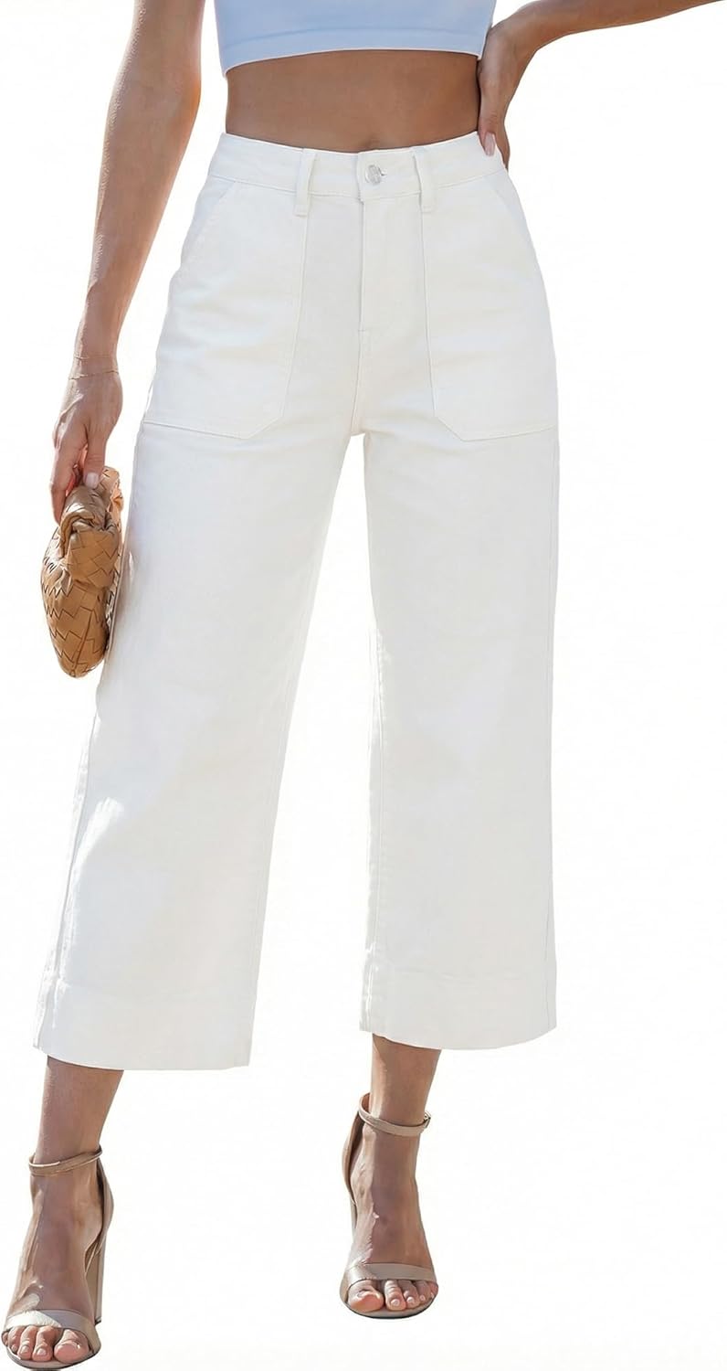LookbookStore Capri Jeans for Women Wide Leg Trendy High Waisted Baggy Straight Casual Summer Stretch Denim Capris Pants