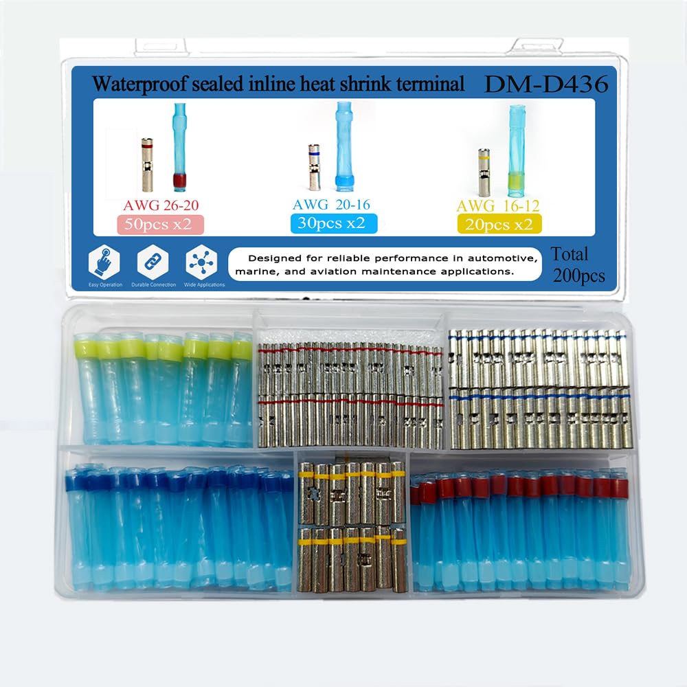 Conector de acoplamiento termorretráctil serie D-436 (MIL81824/compatible), incluye 200 conectores de empalme de cobre y tubos termorretráctiles de PVDF, conectores de aislamiento impermeables