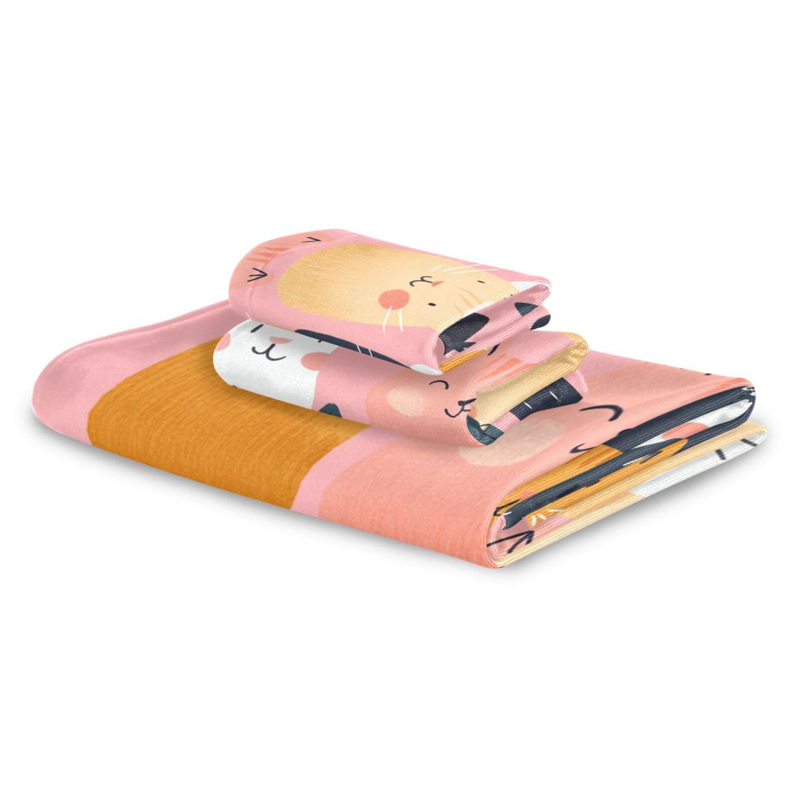 Set di 3 asciugamani da viso con illustrazione di gatto in stile cartone animato, 3 pezzi, 1 asciugamano da bagno, 1 asciugamano per le mani, 1 panno per il viso del corpo
