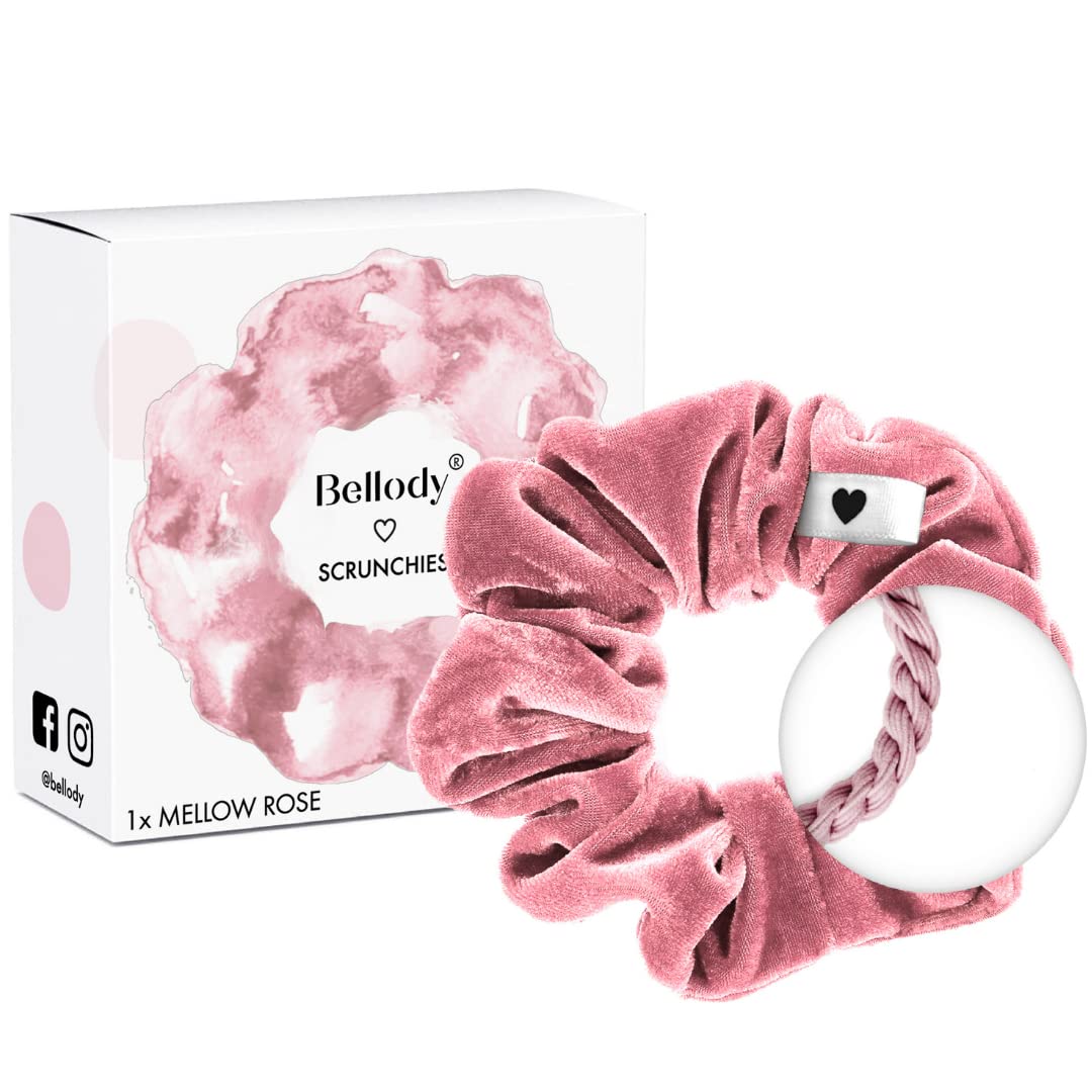 Bellody® Scrunchies Samt – Samtig weich, starker Halt, Velvet Look, exklusive Farben (1 Stück - Mellow Rose) - Haargummi Scrunchie in Rosa