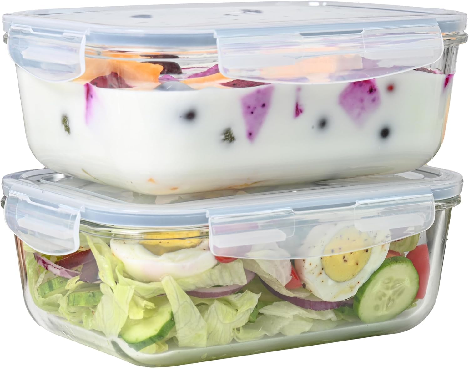 4-teiliges Set – 8 Tassen/1,8 l große Glas-Frischhaltedosen mit Deckel, luftdicht, Mahlzeiten-Vorbereitungsbehälter mit Deckelverschluss, gefrierschrank-, mikrowellen- und ofenfest, transparent