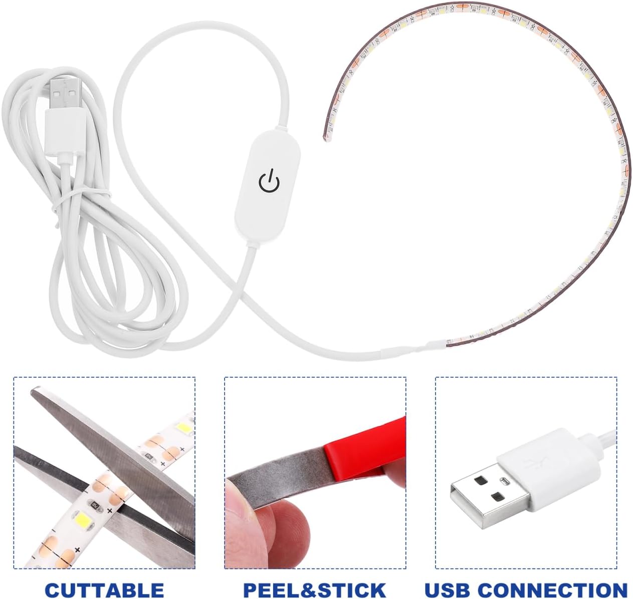 Uonlytech 2 Meter USB Powered Led Light Strip for Sewing Machine with Self-Adhesive Backing Flexible Cuttable White Light for Kitchen Cabinet and Tv Background
