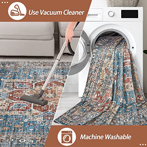 Area Rugs For Living Room: 5X7 Rug For Bedroom Machine Washable With Non Slip Backing Non Shedding, Boho Medallion Floral Large Carpet For Dining Room Nursery Home Office Indoor Decor Blue/Red #TOP3