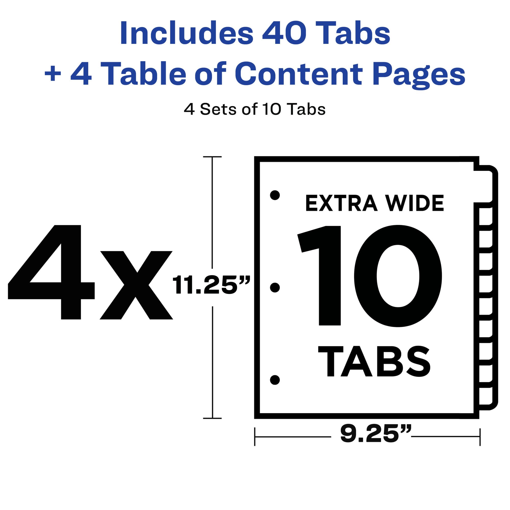 Avery Extra breite Ready-Index-Trennblätter für 3 Ringbücher, 24,4 x 27,9 cm, 10 Register-Sets, bedruckbarer Inhaltsverzeichnis, weißes Papier, mehrfarbige Register, 4 Ordner-Trenner-Sets (34776)