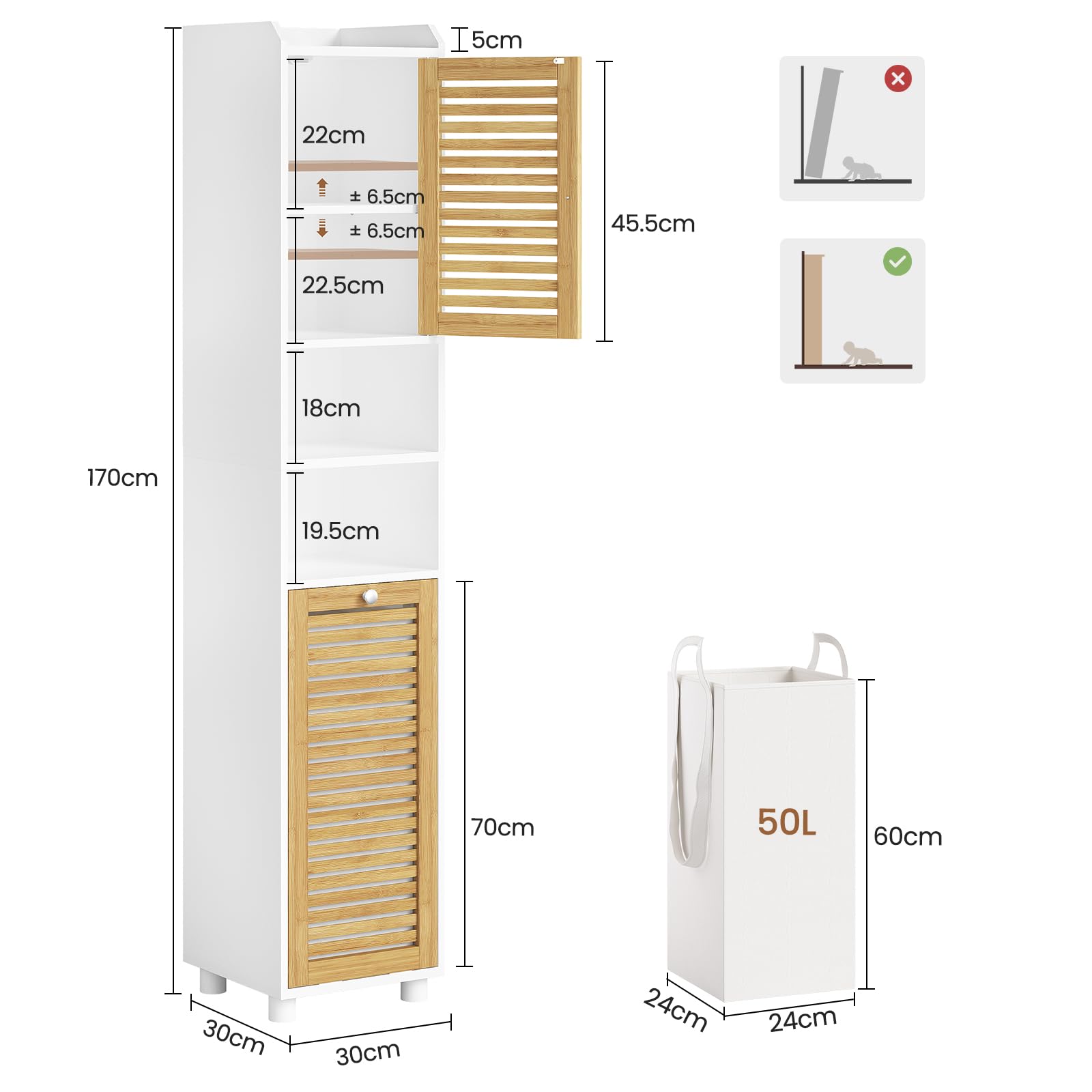 Badezimmerschrank hoch mit Wäschekorb, Badschrank hochschrank mit verstellbaren Ablagen, offene Fächer, Badezimmer hochschrank für Badezimmer/Waschküche, Modern, Weiß, 30 x 30 x 170 cm
