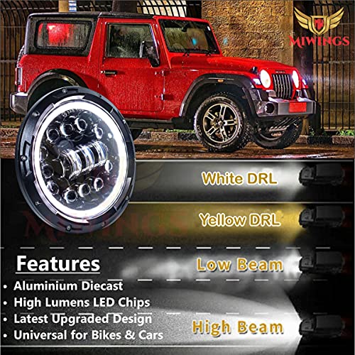Image of Miwings 7 inch Round LED Stylish 12COB3HID Hi /Low Beam 75W H4 Headlight Compatible with Royal Enfield, Jeep, Thar, Motorcycle, Cars, Harley Davidson (Color Amber & White)