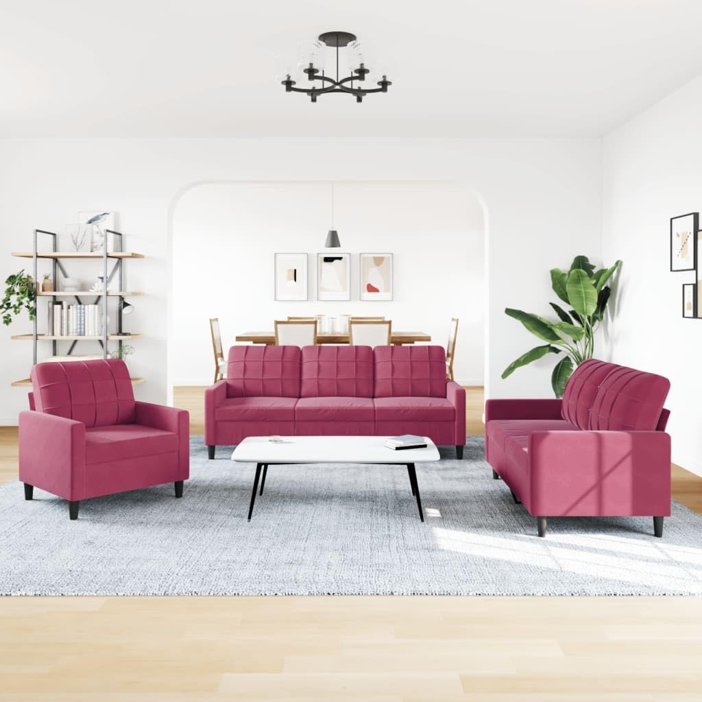 Ensemble de canapé 3 pièces en velours rouge vin avec fauteuil, 2 places et 3 places, avec rembourrage confortable et structure en métal robuste pour des moments de détente