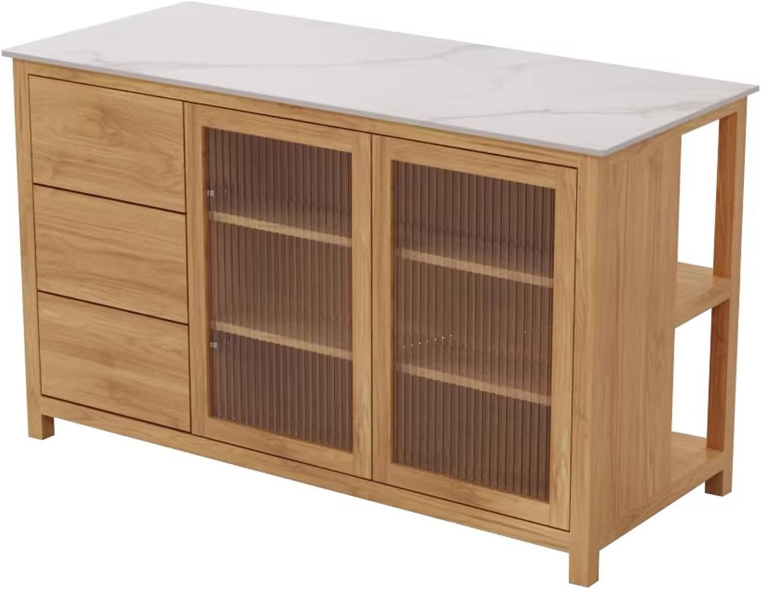Storage Trolley Wooden Kitchen Island with Stone Top Doors Drawers & Open Shelves Sideboard Cabinet Shelving Organizer(Large)