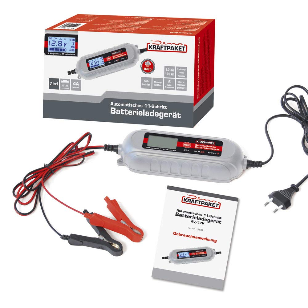 Dino KRAFTPAKET Chargeur de Batterie 4A-6 V/12 V avec testeur de Batterie IP65 pour Voiture Motorrard Quad ATV Bateau