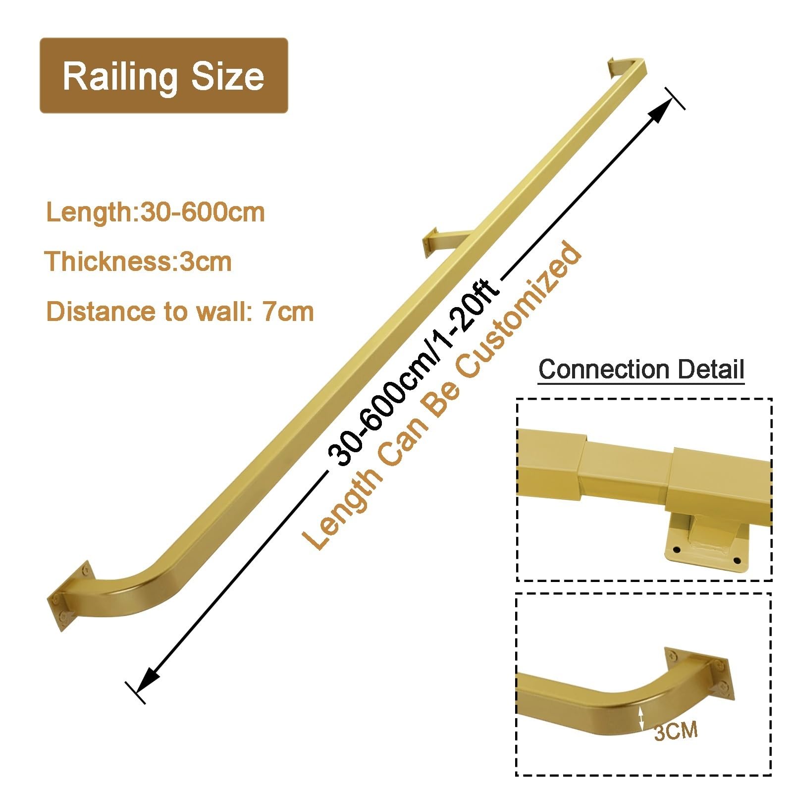 1–20Fuß Treppenhandlauf, goldener Treppenhandlauf Stufen, an der Wand montierter Treppenhandlauf, verzinktes Eisen, Treppengeländer Haltegriff, Geländer im Industriestil, Sicherheits-Terrassengeländer