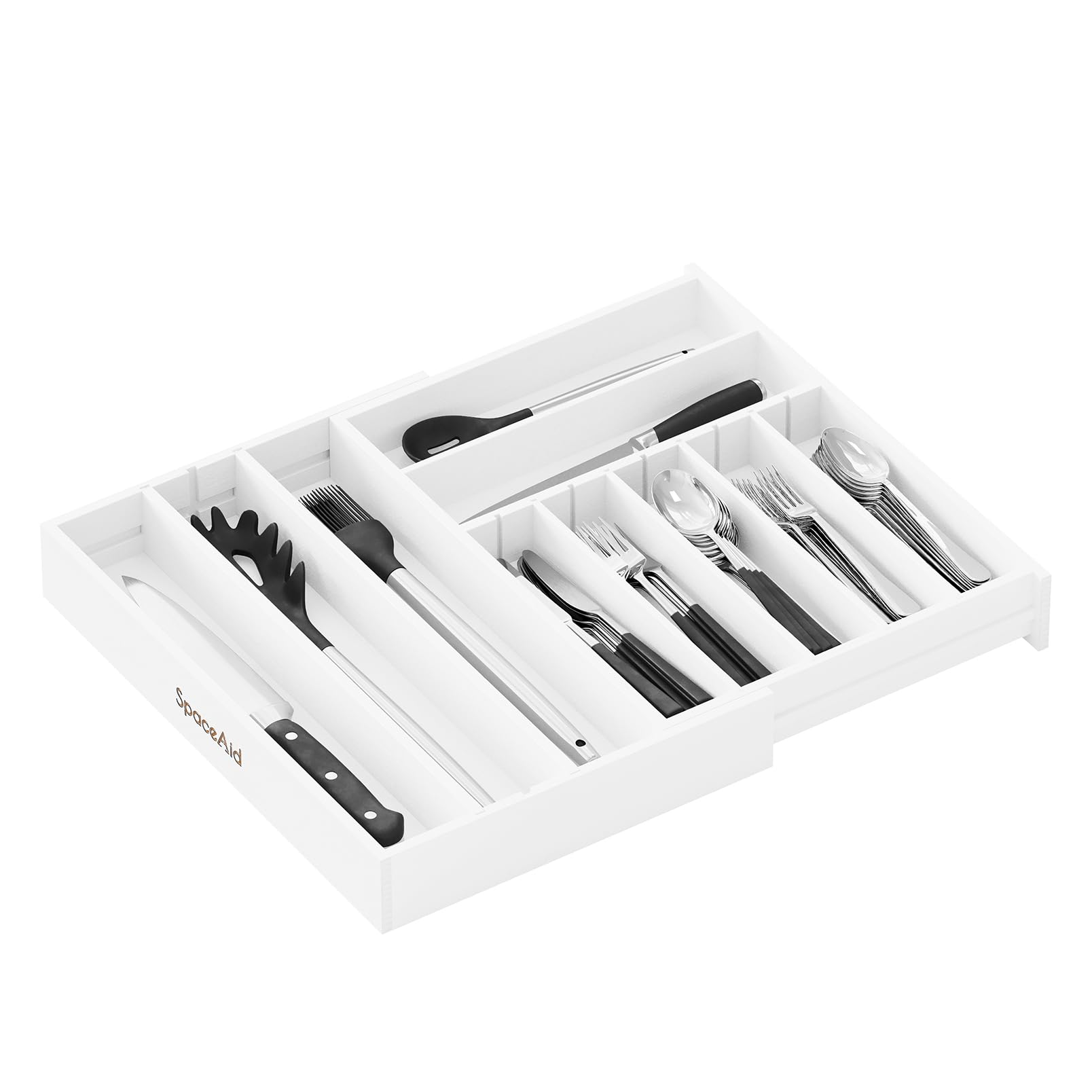 SpaceAid Organizador de cajones de cubiertos de bambú de 2.5 pulgadas de alto con etiquetas, bandeja expandible para utensilios de cocina, para organizar cubiertos, cucharas y cuchillos (blanco)