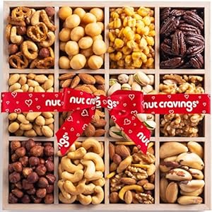 NUT CRAVINGS Gourmet Collection – Valentines Mixed Nuts Gift Basket in Reusable Wooden Tray + Heart Ribbon (12 Assortments) Arrangement Platter, Healthy Kosher USA Made Corporate