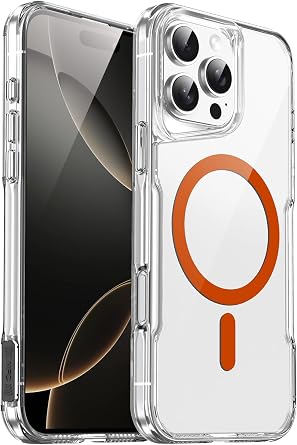 for iPhone 16 Pro Max Case, Compatible with MagSafe, Military-Grade Protection, Yellowing Resistant, Scratch-Resistant Back, Magnetic Phone Case for 16 Pro Max, Classic Series, Clear/Orange
