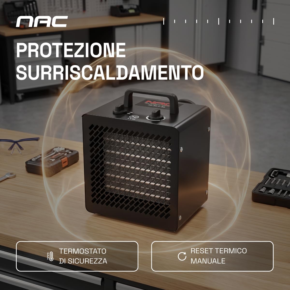 NAC Termoventilatore Elettrico 3000W – Dispositivo di Riscaldamento in Ceramica con Termostato – Riscaldamento Elettrico Portatile per Garage, Officina, Cantiere, Serra - New American Concept