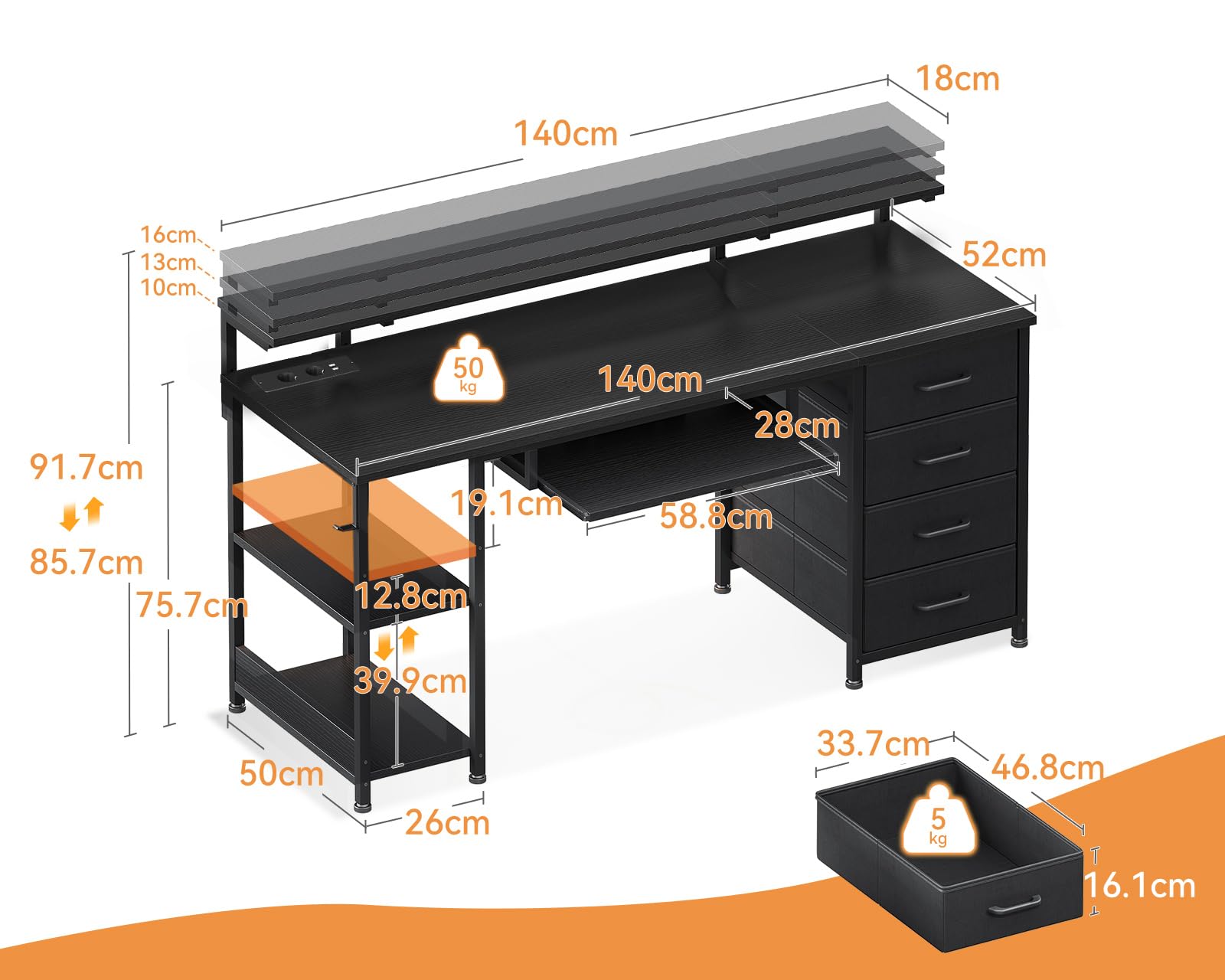 ODK Scrivania con 4 Cassetti, 140x52x92cm Scrivania per Computer con Presa di Corrente e Ricarica USB, Scrivanie Gaming Tavolo Scrivanie con Ripiani Regolabili per la Casa, Nero
