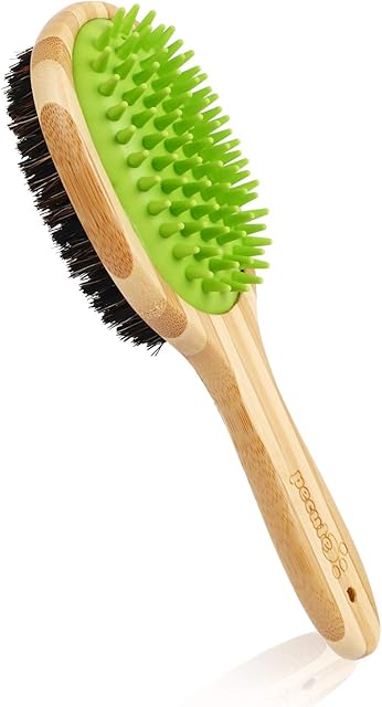 pecute Double Sided Pet Massage Bath Brush - 2 in 1 Silicone Needle and Natural Bristle Bamboo Comb - Removes Loose Fur & Dirt - Great for Cats Dogs Short to Long Fur Massaging Bathing
