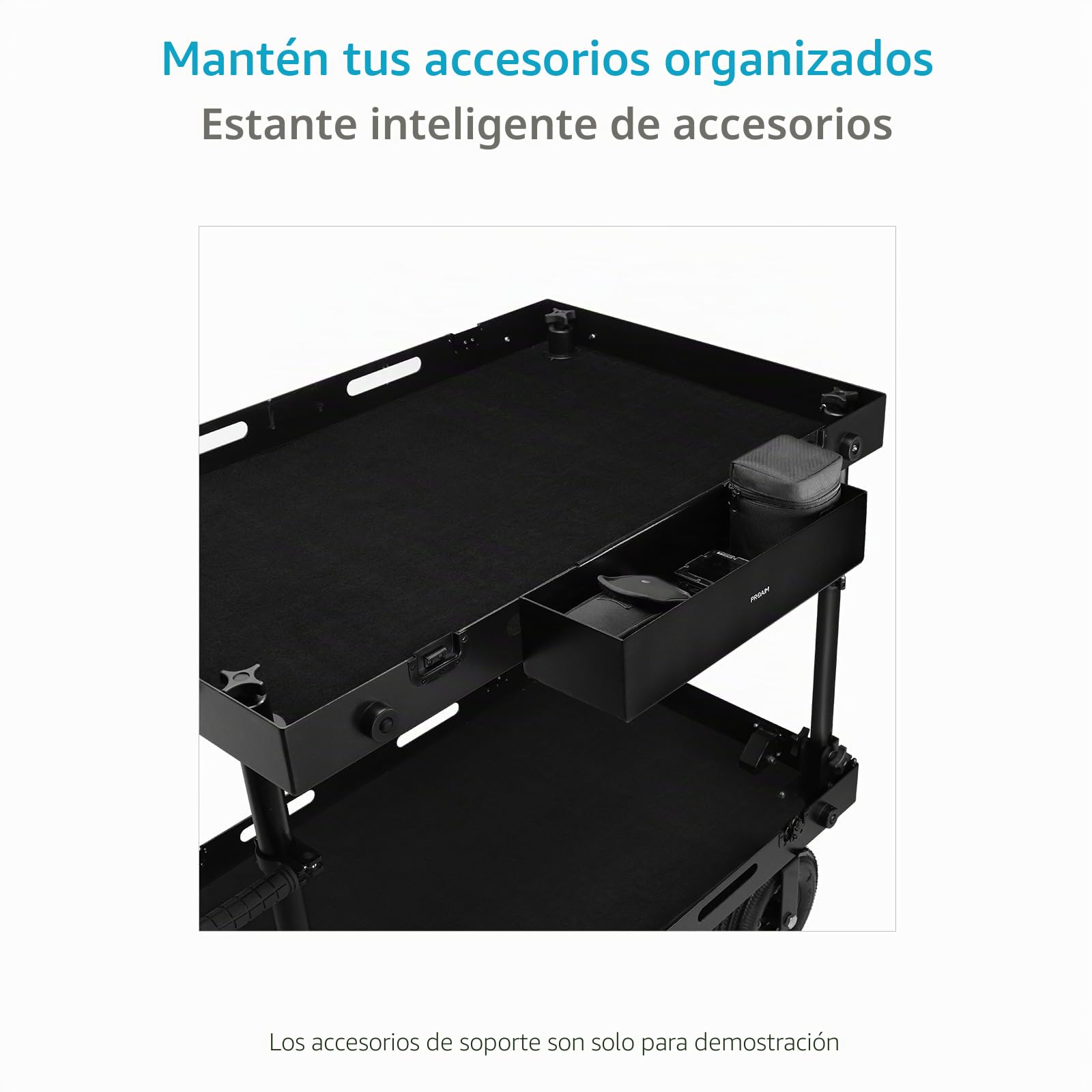 PROAIM Bandeja Porta Accesorios para Carrito de Cámara de Aluminio | Se fija a bordes de 3 mm para organizar baterías, herramientas, tarjetas y accesorios de producción