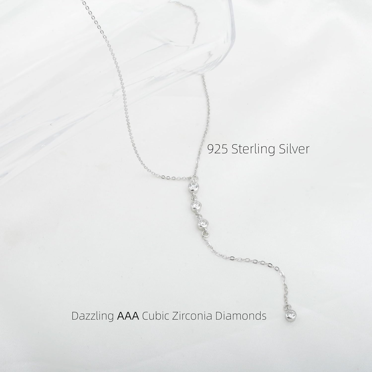 Handmade Sterling Silver Lariat Necklace with CZ Diamond Dainty Drop Y Chain Necklaces for Women - Image 3