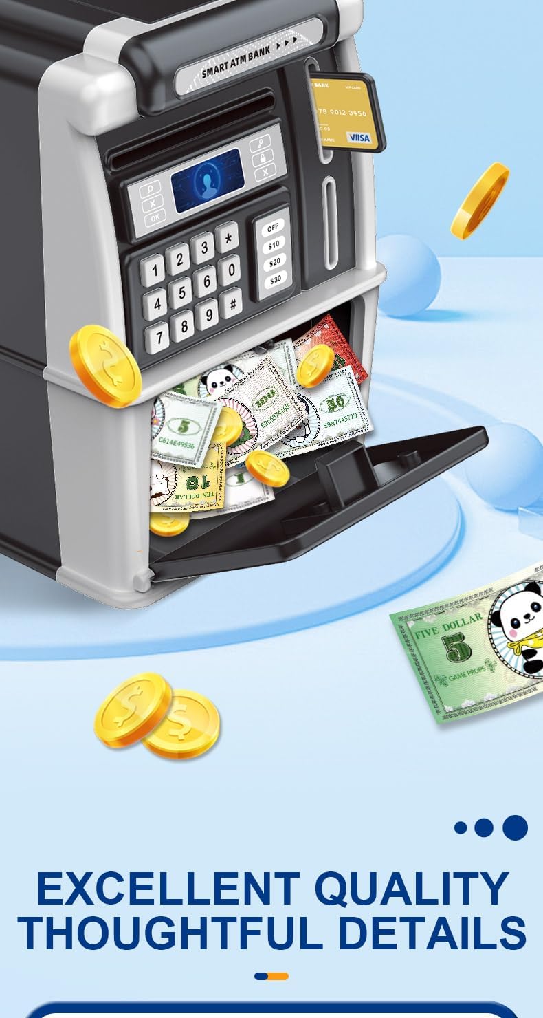 Upgraded Electronic ATM Simulation Piggy Bank - with Simulated Face Recognition, Digital Password Protection, Automatic Bill Rolling Function (Black) | Kids & Adults Money Saving Safe Box