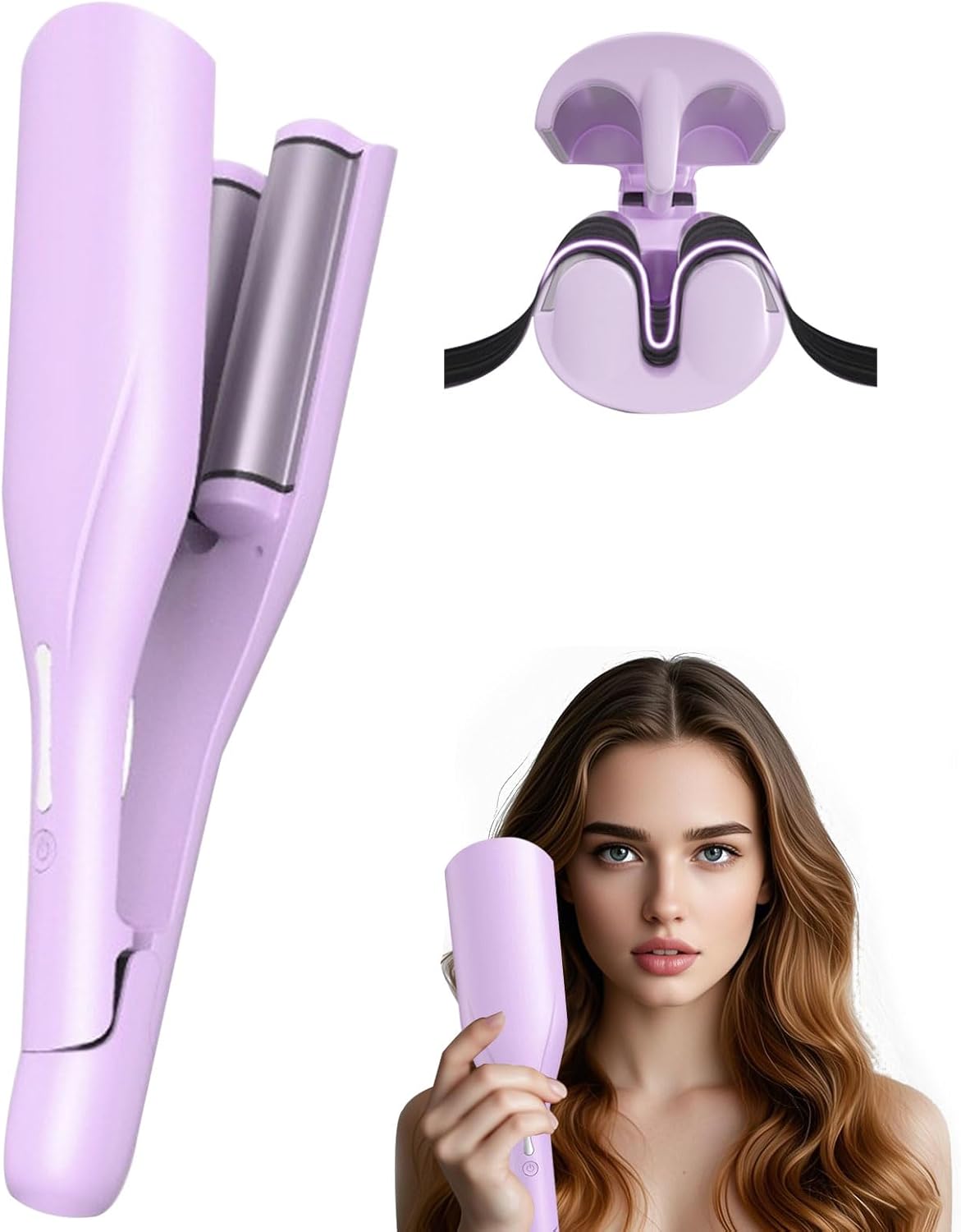 Wave Curling Iron，Wave Hair Crimper with 5 Temp & 3 Ceramic Barrels, 30S Fast Heating Ceramic Wave Iron, Anti-Scald Ionic Wavy Hair Curler, Waver Curling Wand for Mother’s Days (Purple)