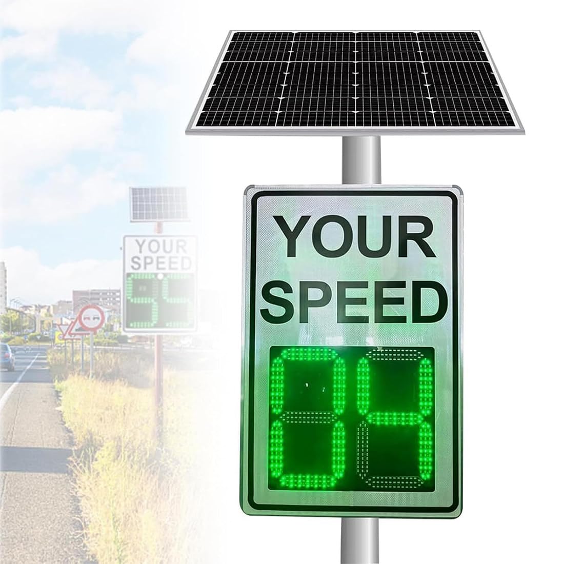 50x70cm/60x90cm Señal Trafico Radar Control Velocidad, Energía Solar LED Intermitente Cartel Control Velocidad Indicador De Velocidad, Kilometraje/Millas Ajustables 20''X27''