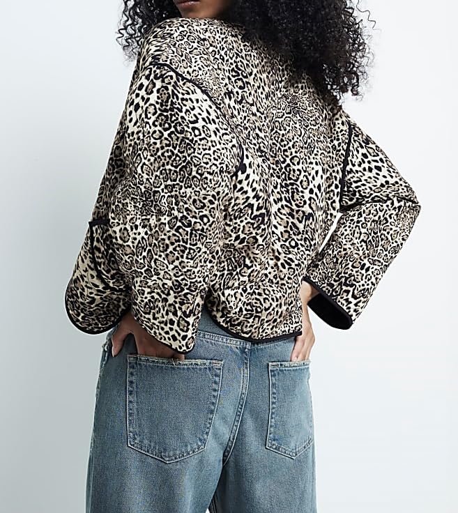 Womens Cropped Quilted Puffer Jacket Lightweight Open Front Leopard Print Padded Cardigan Coat Outwear3