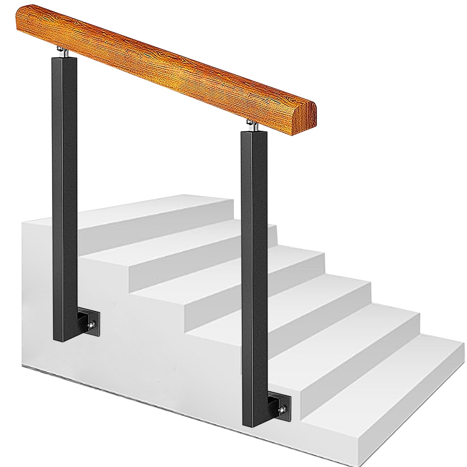 Rampe d'escalier en bois anti-chute pour marches extérieures avec poteaux latéraux en fer forgé