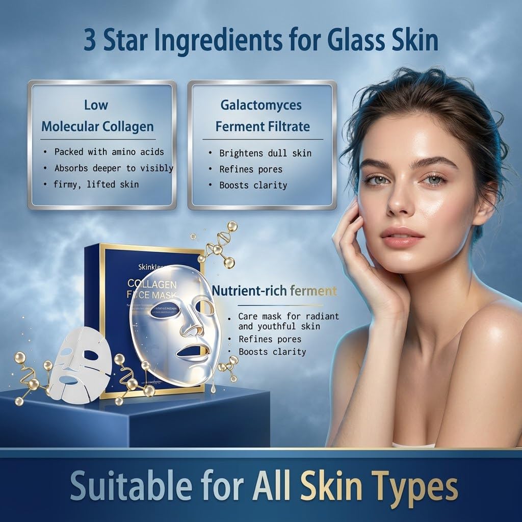 Skinklean Collagen Face Mask, Hydrating Sheet Mask for Daily Skincare, Helps with Fine Lines and Skin Firmness for a Healthier, Radiant Look (1 PCS)
