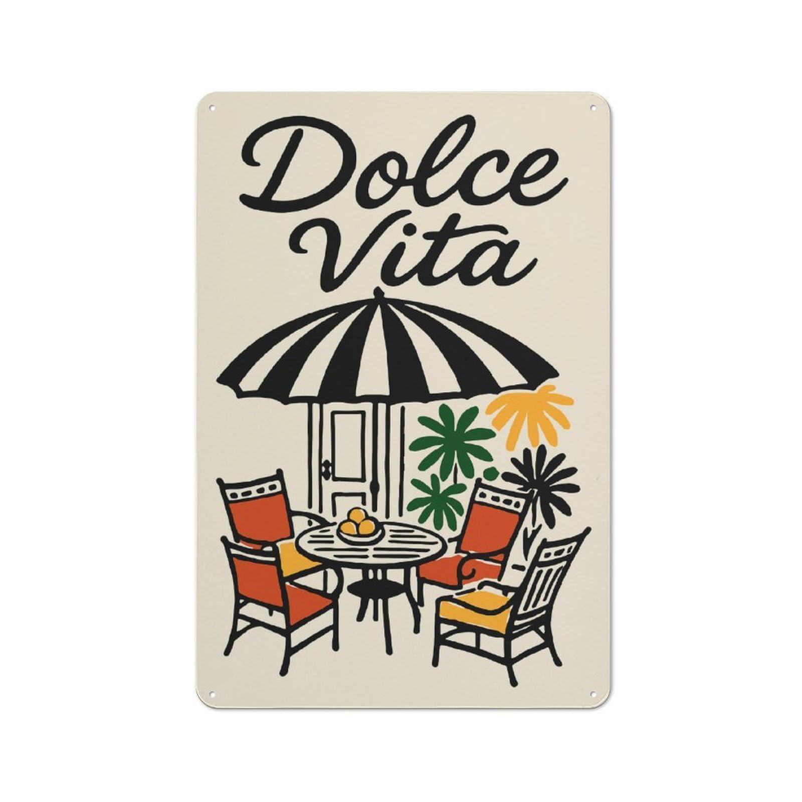 Junmoney Style-9 Dolce Vita Outdoor Seating Illustration Tin Wall Plaque 30X20cm, Rustic Cottage Wall Art For Dining Room, Cafe, Entryway Or Family Room