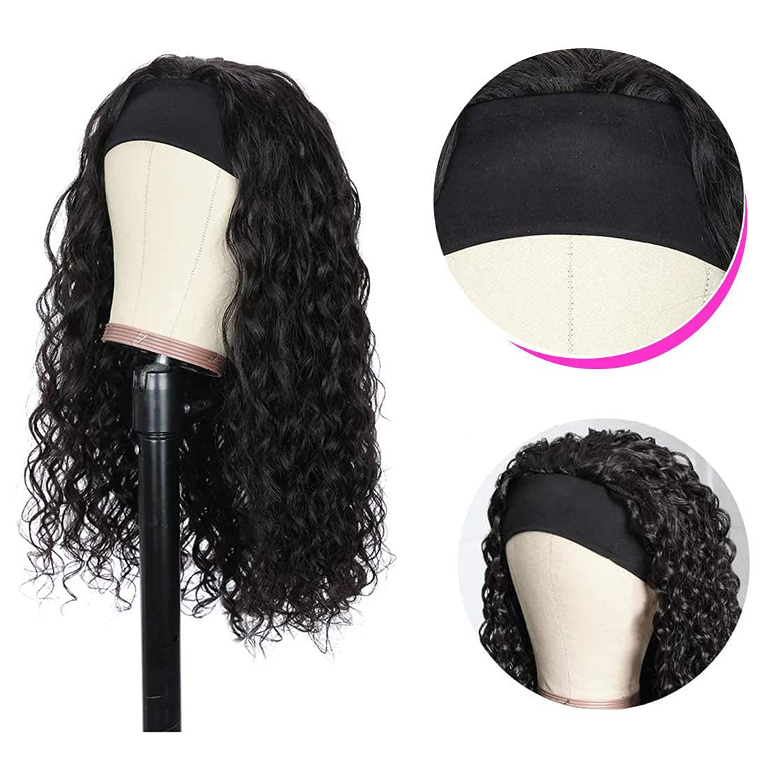Deep Wave Headband Wig Human Hair Machine Made Headband Wig 180% Density Non Lace Front Wigs Human Hair For Black Women Glueless Machine Made Deep Curly Natural Color 26 Inch