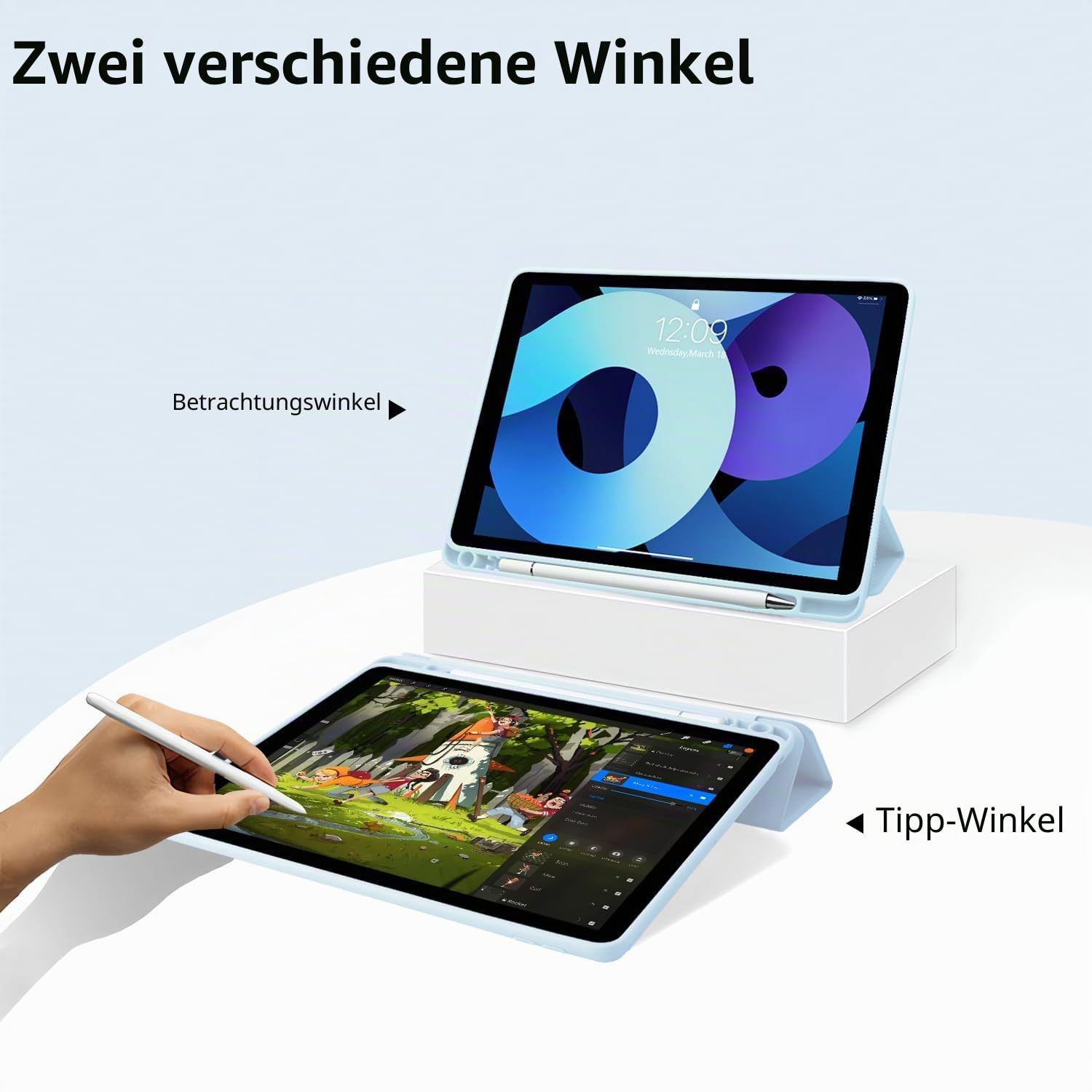 Cartoon-Pinguin-Schutzhülle für iPad A16 11. Generation 2025 11 Zoll / iPad 10. Generation 2022, 27,7 cm (11 Zoll), mit Stifthalter, faltbar, blaues Leder, niedlich, transparent