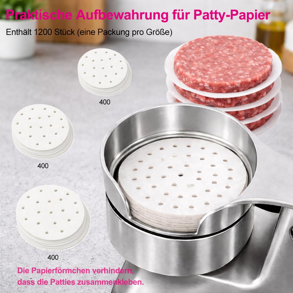 Burgerpresse Edelstahl 3 Umwandelbaren Formen 100/130/150mm, Manueller Burger Patty Presse mit 1200 Patty-Papieren