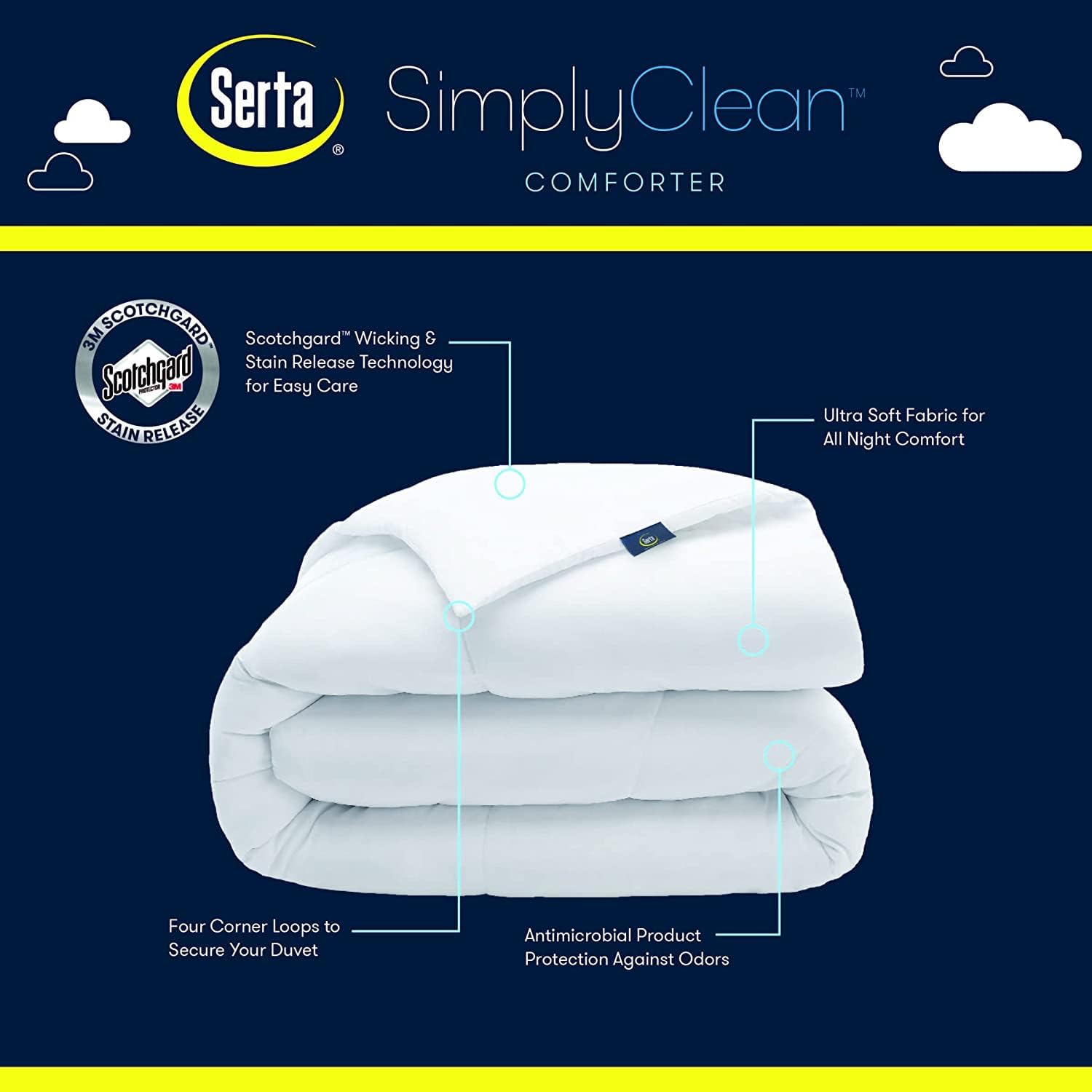Serta Simply Clean Hypoallergenic Stain Resistant Down Alternative Bedding Comforter Duvet Insert with Corner Loops, King, White