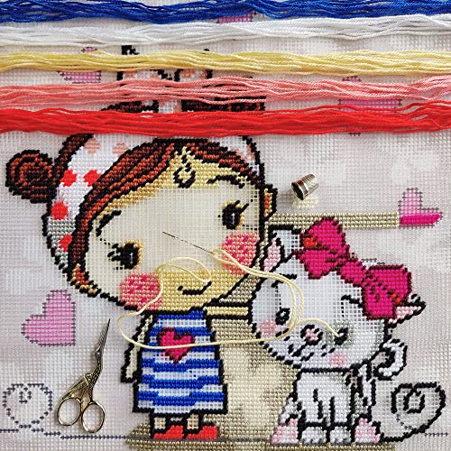 Image of Brvsk Tender Needlepoint Kit for Adults and Beginners - A Girl and a Kitten 16″ x 16″ with Clear, Precise Printed Design on Cotton Canvas; Includes 2 Needles, Yarn, and Easy-Read Chart