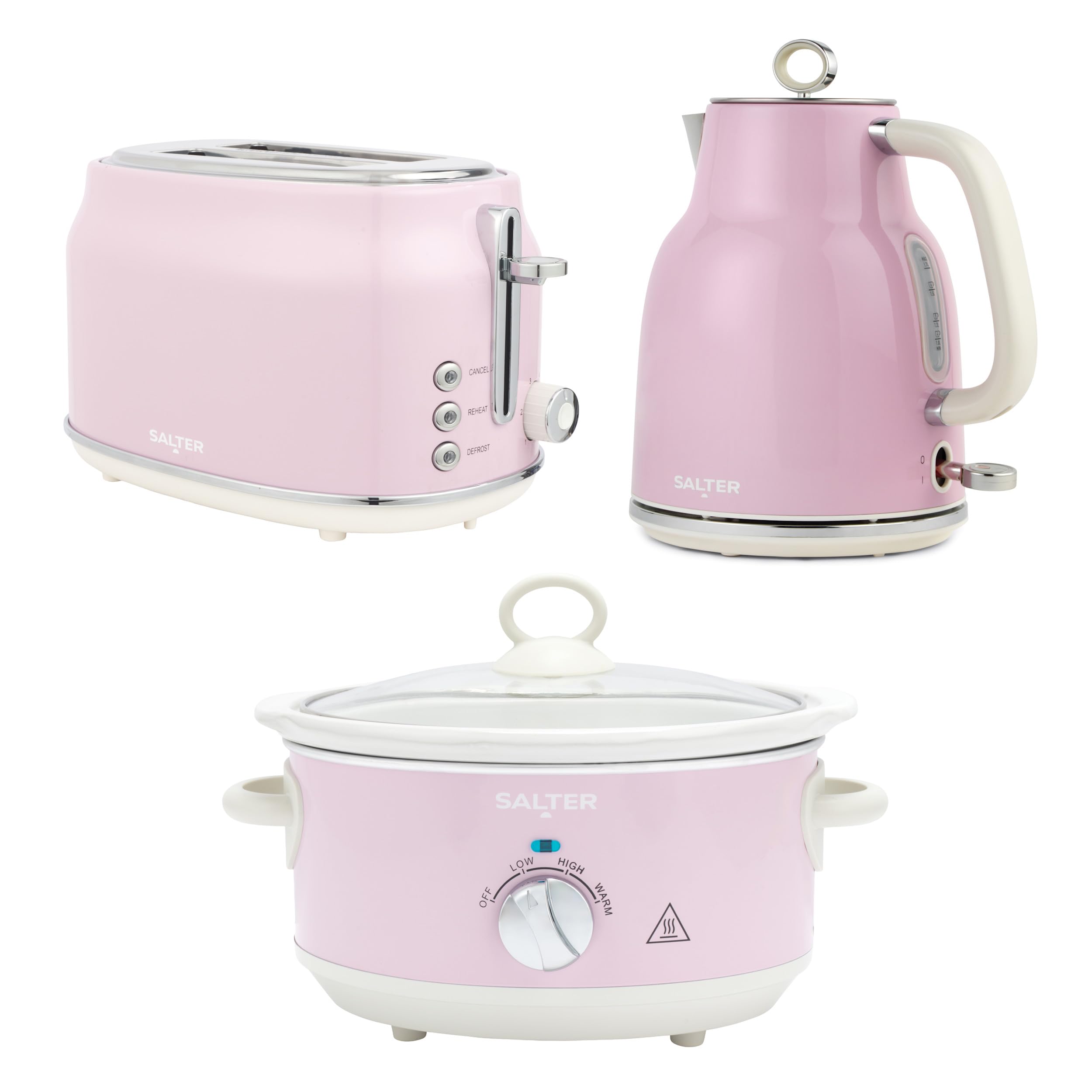 Salter Retro Pink Toaster, Kettle & Slow Cooker Set – 2-Slice Wide Slot Toaster with 6 Browning Levels, 1.7L 3KW Rapid Boil Kettle, 3.5L Electric Ceramic Cooking Pot with 3 Heat Settings