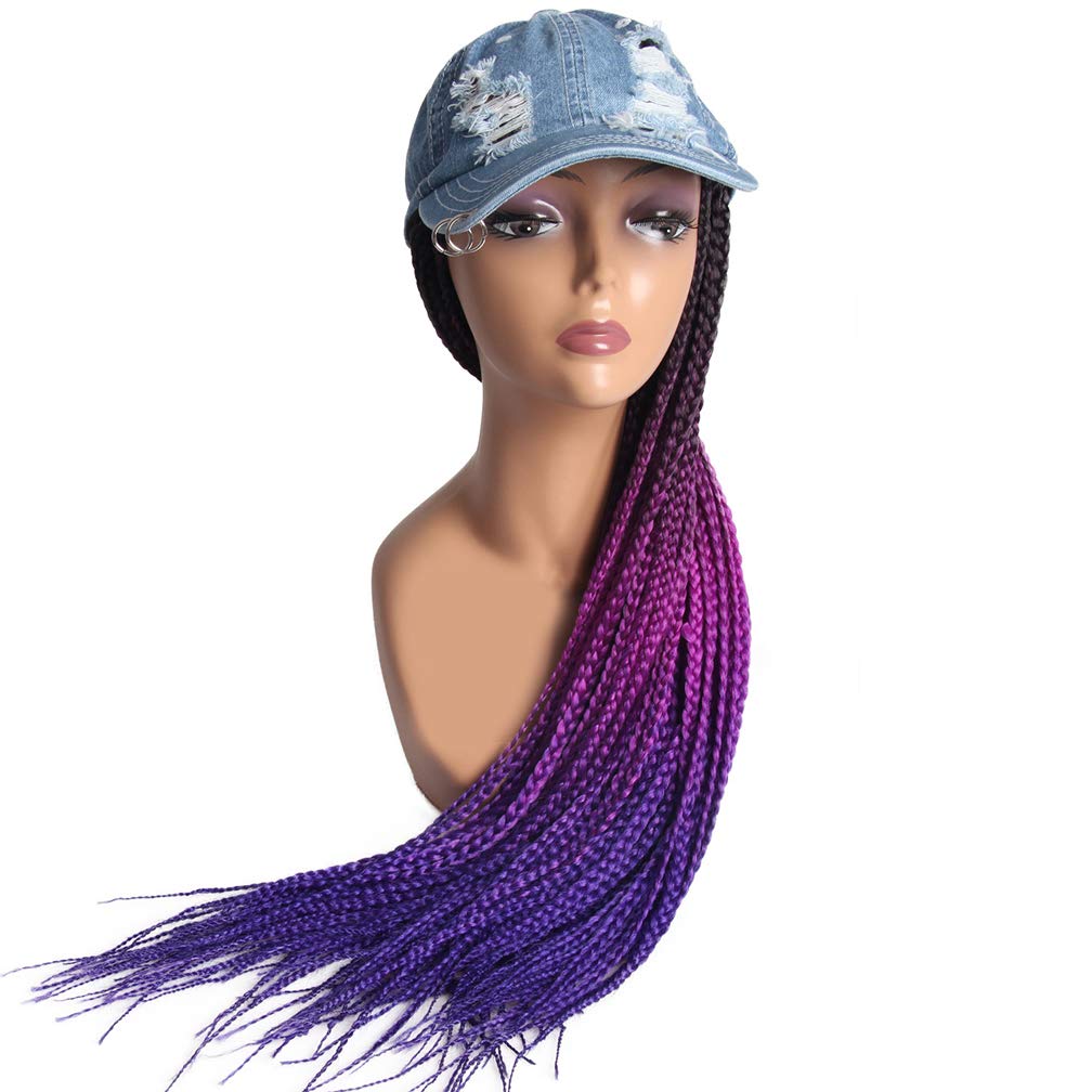 KXW Long Colorful Braided Wigs with Baseball Cap Hat for Black Women, Box Braid Wig Crochet Hair, Hat Wig Braids Wig with Hat attached, Hip Hop Punk Style 90s Party (16 colors, 24in/60cm)