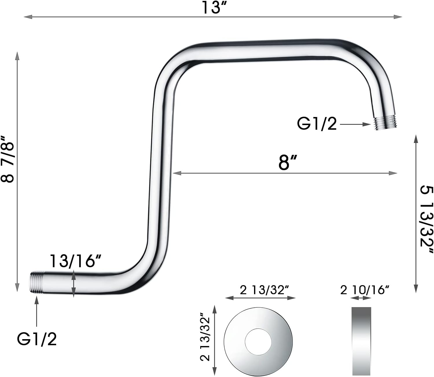 BRIGHT SHOWERS Rain Shower Head with Handheld Spray 5 ft. Shower Hose Combination Matching 13 Inch S Shaped Shower Head Extension Arm, Chrome
