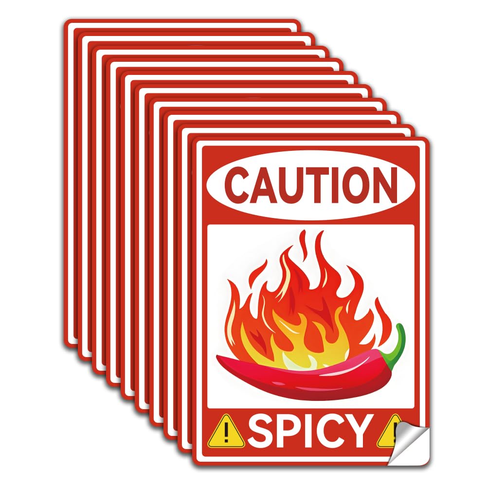 WADORN 10Pcs Spicy Warning Label Decal Sticker, PVC Red Chili Caution Waterproof Sign Stickers Decal Food Warning Spicy Vinyl Self Adhesive Decal for Kitchen Restaurants Grocery Store, 7.1x5.1 Inch