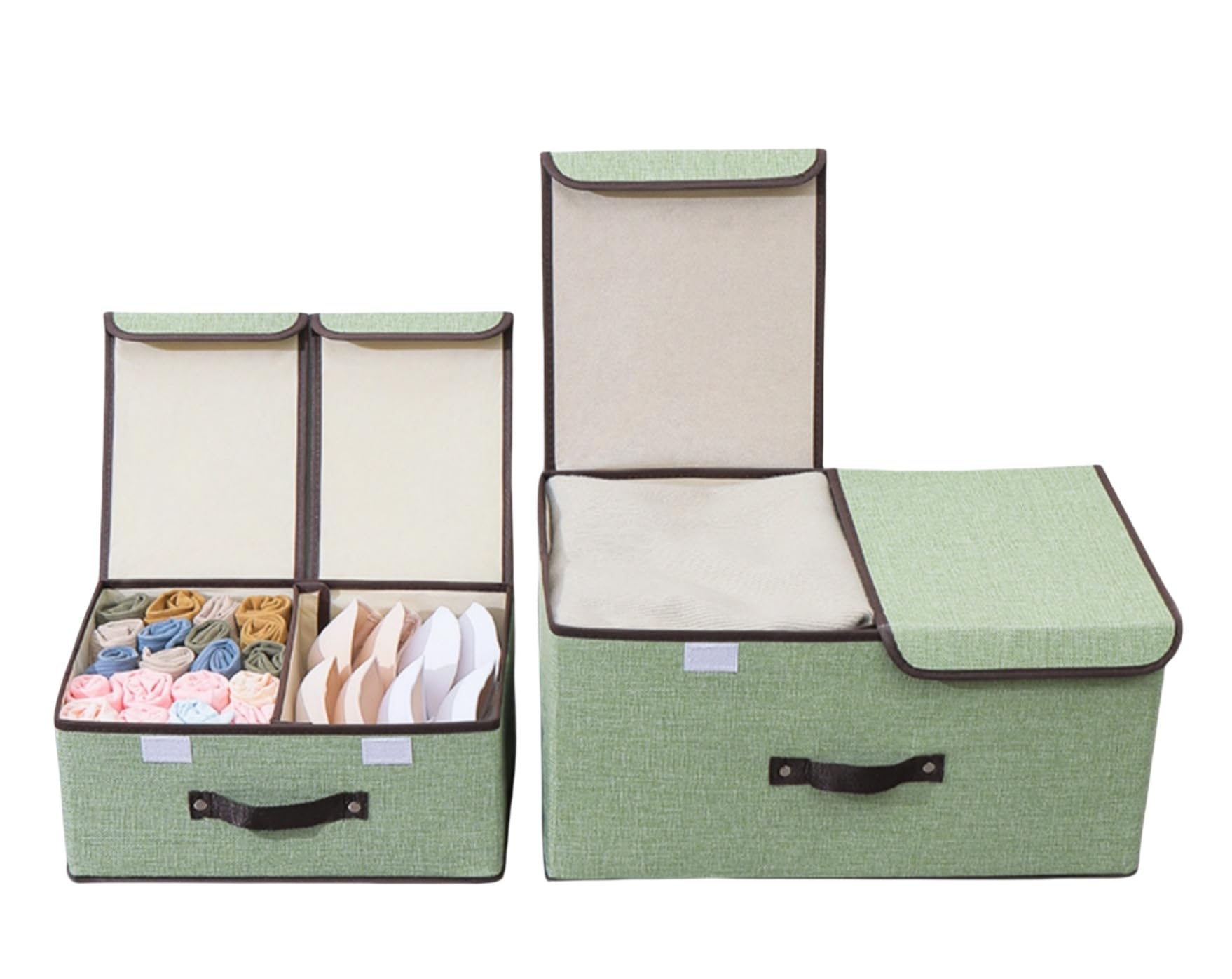 6 Grün Große Stoff Faltbare Aufbewahrungsboxen mit Deckel und Fächern,Faltbare Stoffbox mit Griffenl,Kleiderschrank Organizer,Aufbewahrungsbox für Spielzeug (36 cm/3 stück+50 cm/3 stück)