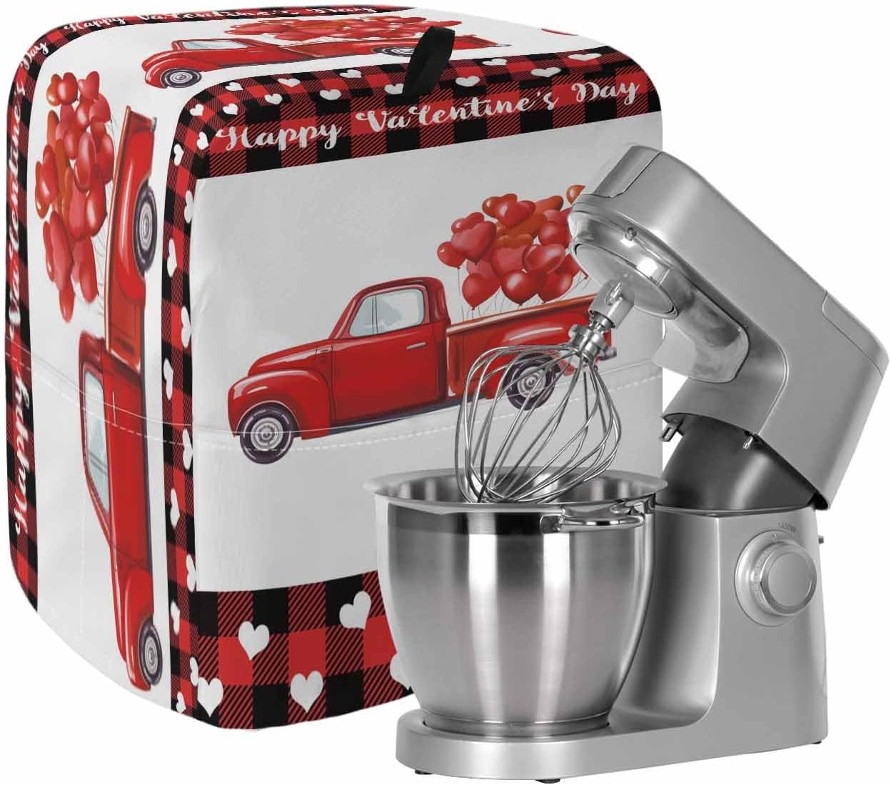 Valentine's Day Stand Mixer Cover with Storage Pocket, Waterproof Kitchen Mixer Covers, Romantic Truck Love Balloons Red Plaid Kitchen Appliance Dust Cover Compatible with 5-8 Quart Mixers