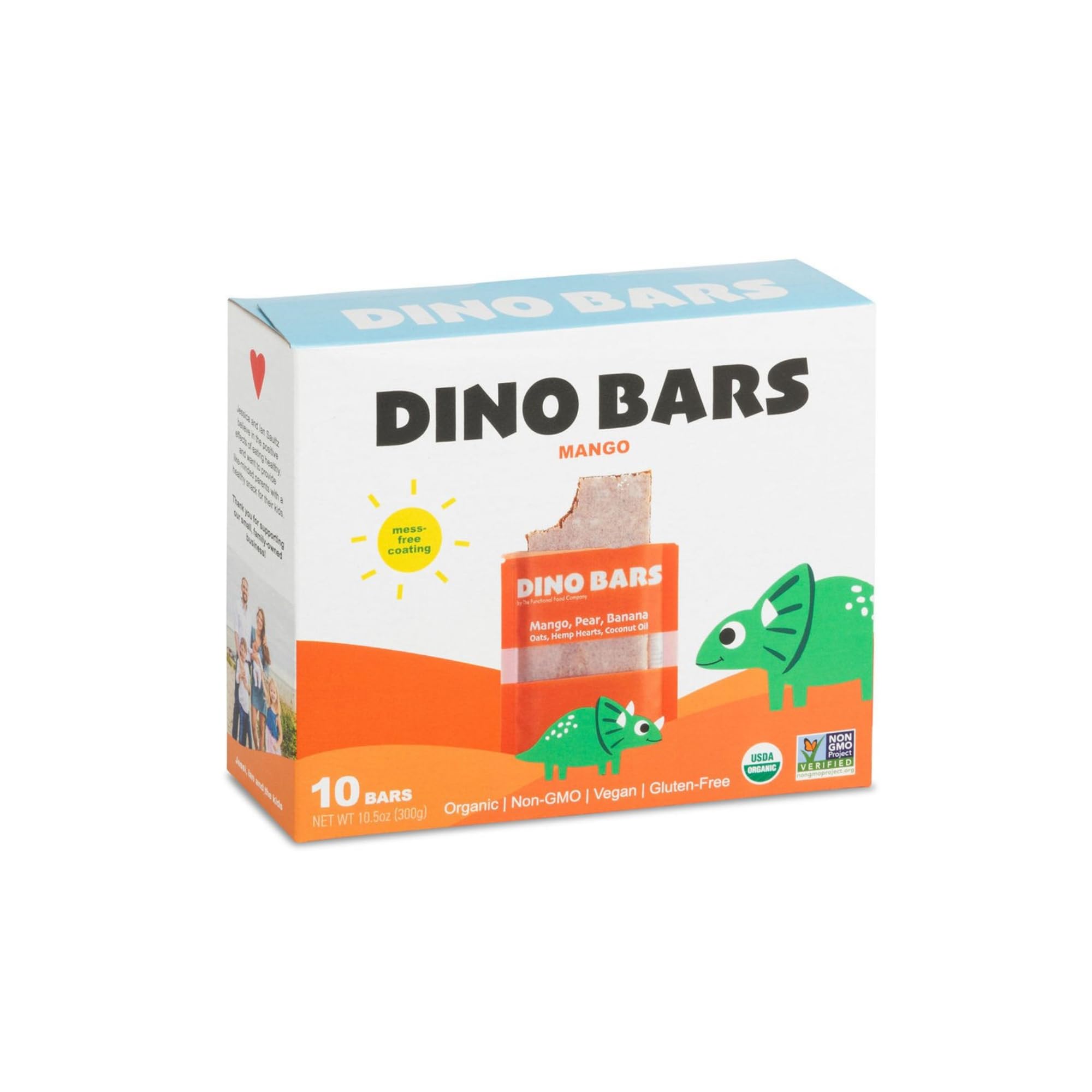 Dino Bars | Organic Fruit Bar for Kids | Organic Toddler Bars and Dinosaur Snacks | Fruit + Oats + Hemp Hearts with Edible Paper | Mango Kids Bar | 10